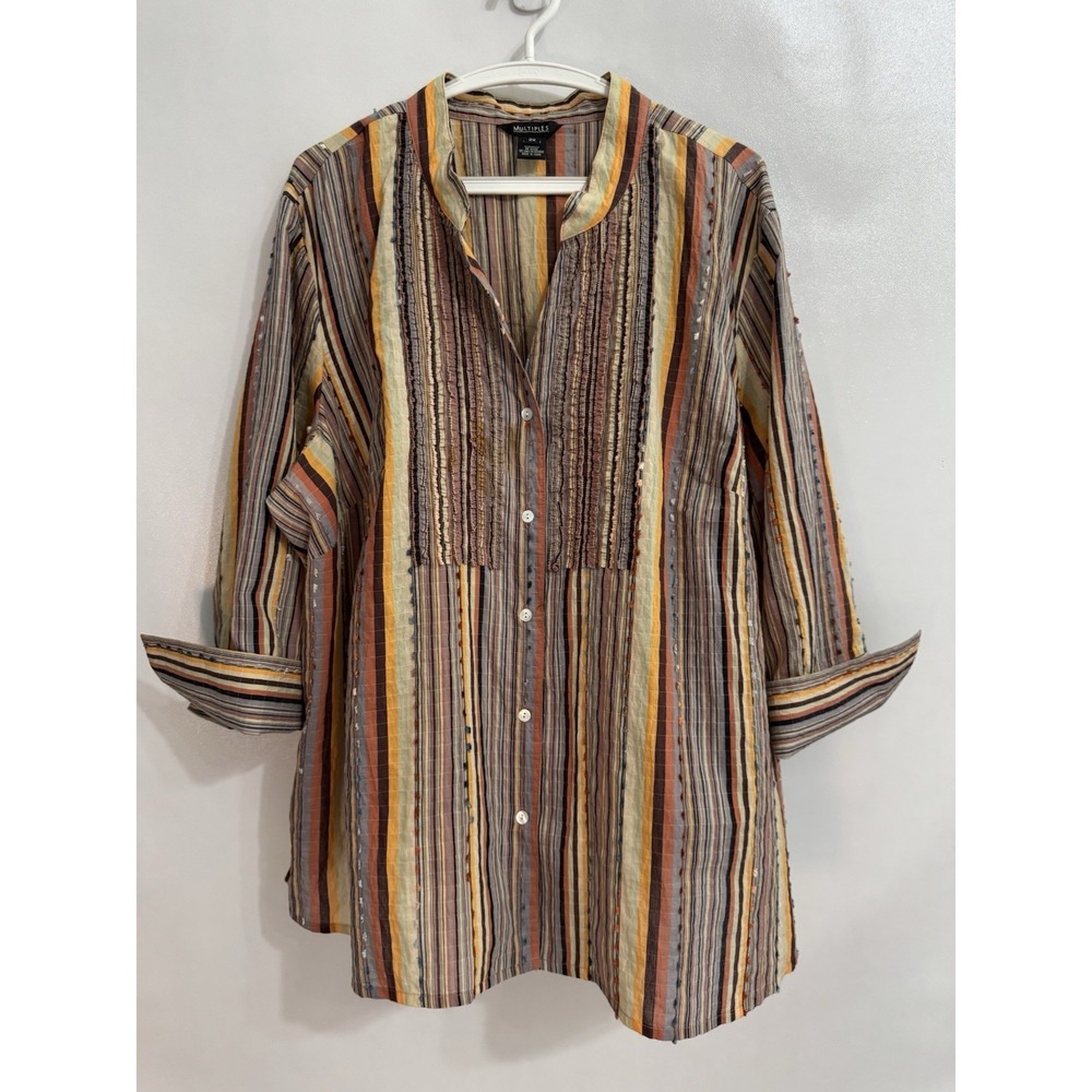 Multiples Womens 2X Striped Pintuck Button Blouse Swiss Dot Tunic Top Multicolor